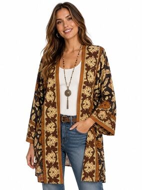 Soft Surroundings Floral Boho Open Front Rayon Kimono Cardigan Small Brown Tan
